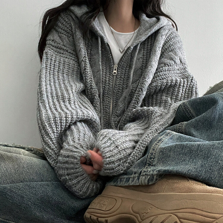 ニットフードジップアップ7色|ジャンパー|韓国ファッション ニットフードジップアップ7色|ジャンパー|韓国ファッション
