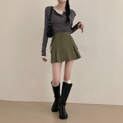 2기장 셀릭 핀턱 카고 플리츠 미니 스커트 카키