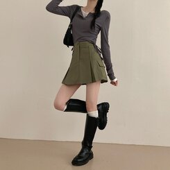 2기장 셀릭 핀턱 카고 플리츠 미니 스커트 카키