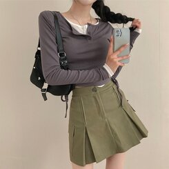 2기장 셀릭 핀턱 카고 플리츠 미니 스커트 카키