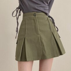 2기장 셀릭 핀턱 카고 플리츠 미니 스커트 카키