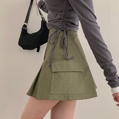 2기장 셀릭 핀턱 카고 플리츠 미니 스커트 카키