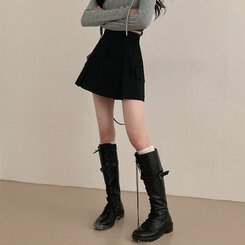 2기장 셀릭 핀턱 카고 플리츠 미니 스커트 블랙