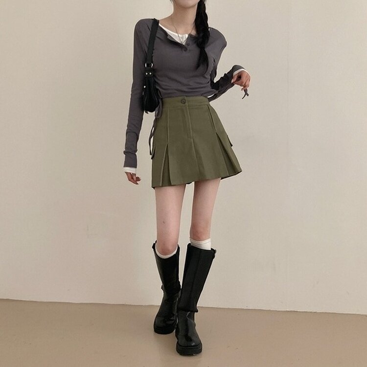 2기장 셀릭 핀턱 카고 플리츠 미니 스커트 카키
