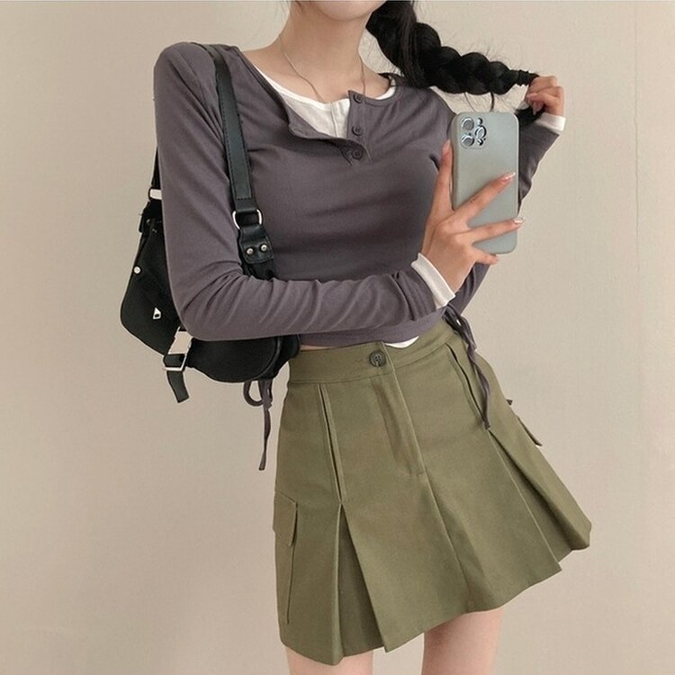 2기장 셀릭 핀턱 카고 플리츠 미니 스커트 카키