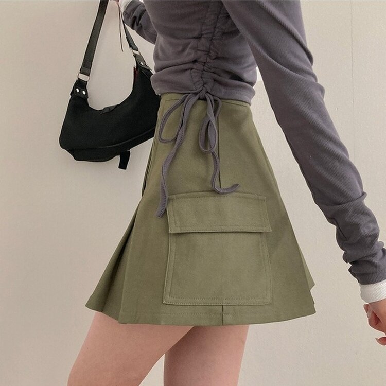 2기장 셀릭 핀턱 카고 플리츠 미니 스커트 카키