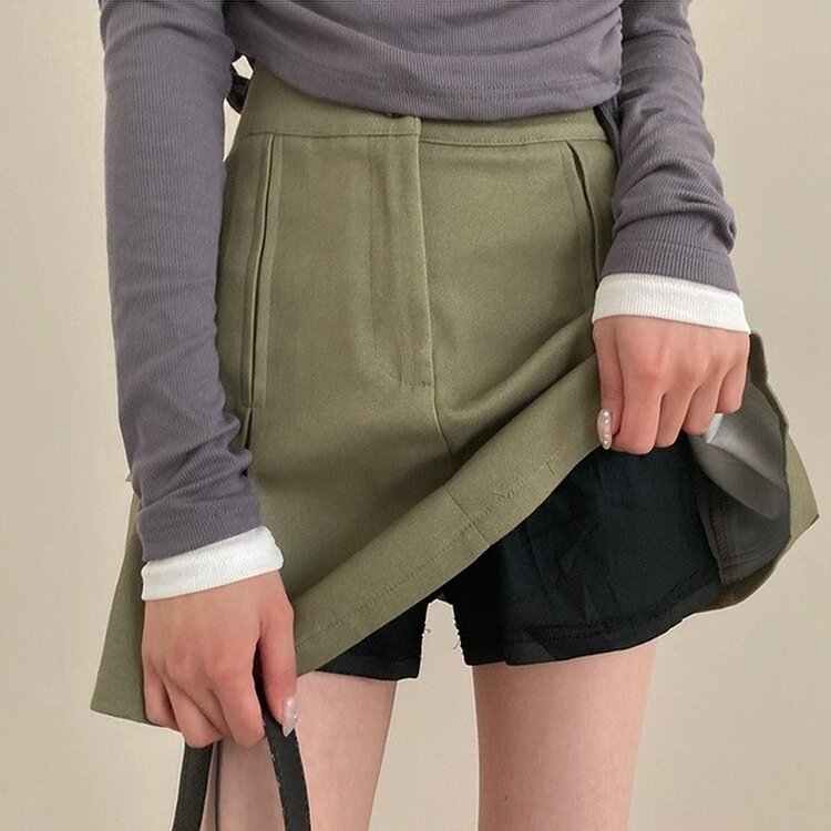 2기장 셀릭 핀턱 카고 플리츠 미니 스커트 카키