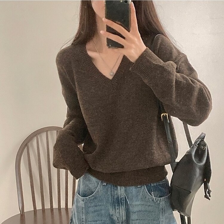 제페토 보카시 울 브이넥 루즈핏 니트 브라운