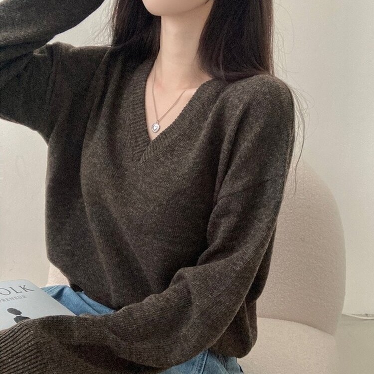 제페토 보카시 울 브이넥 루즈핏 니트 브라운