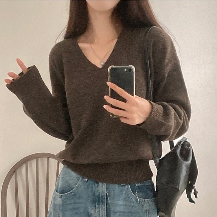 제페토 보카시 울 브이넥 루즈핏 니트 브라운