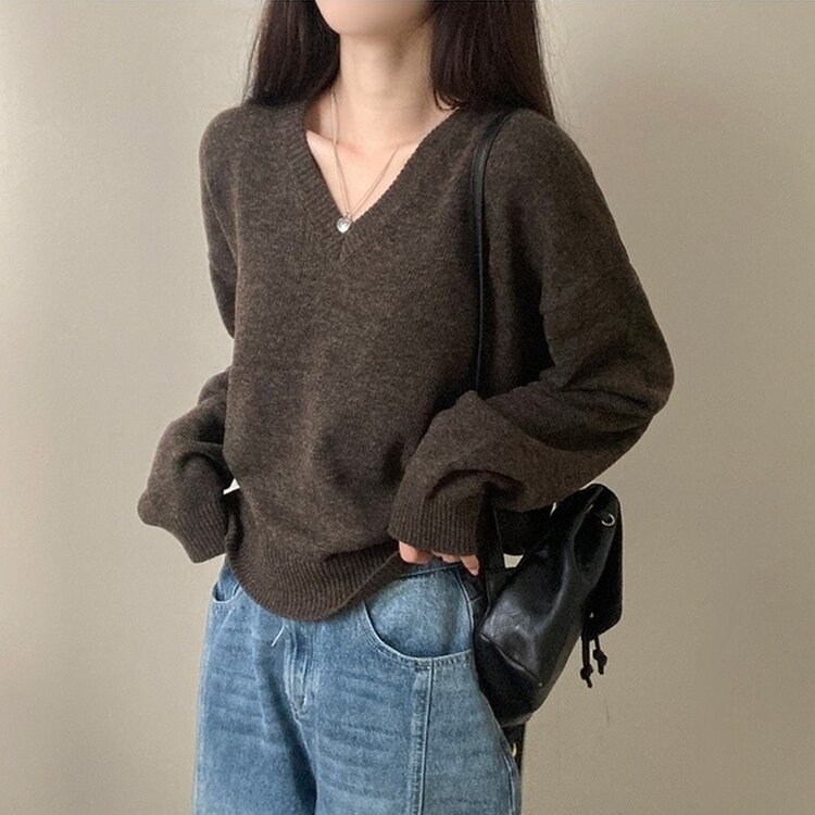 제페토 보카시 울 브이넥 루즈핏 니트 브라운