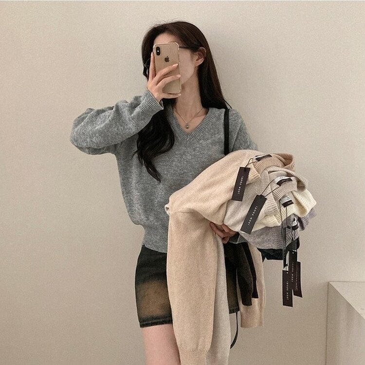 제페토 보카시 울 브이넥 루즈핏 니트 연그레이