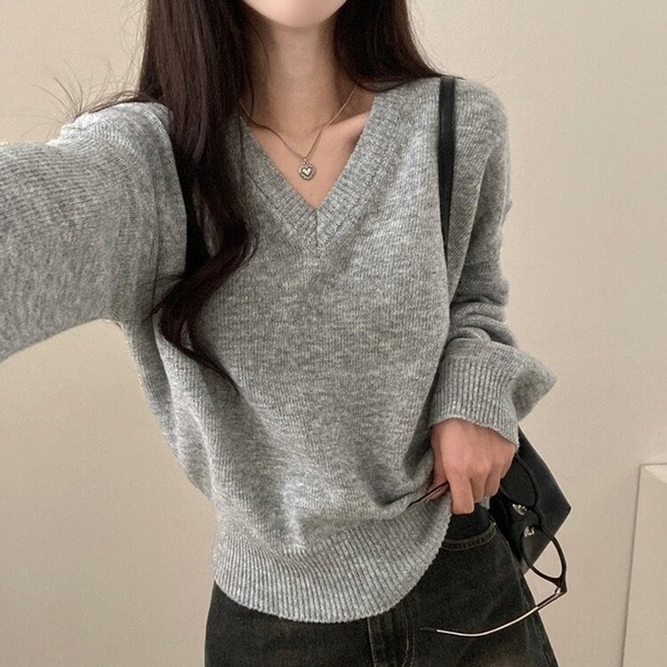 제페토 보카시 울 브이넥 루즈핏 니트 연그레이