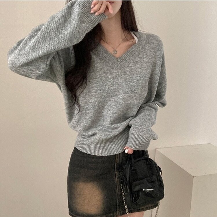 제페토 보카시 울 브이넥 루즈핏 니트 연그레이