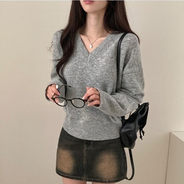 제페토 보카시 울 브이넥 루즈핏 니트 연그레이