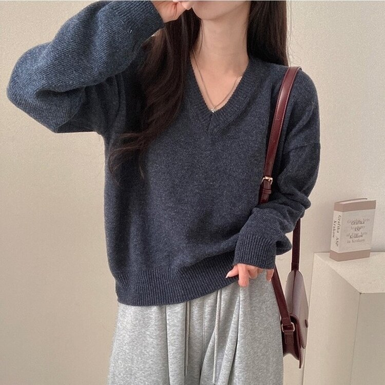제페토 보카시 울 브이넥 루즈핏 니트 네이비