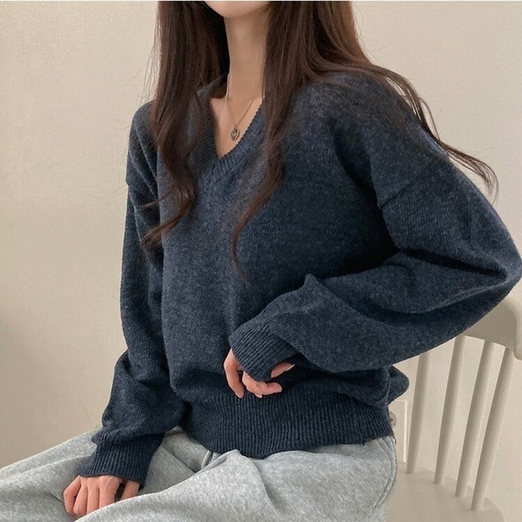 제페토 보카시 울 브이넥 루즈핏 니트 네이비