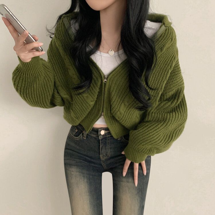 SJP12664 2WAYケーブルクロップニットジップアップ5色