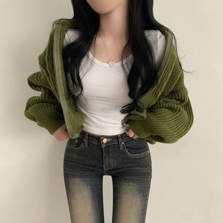 2WAYケーブルクロップニットジップアップ5色｜ジャンパー｜韓国