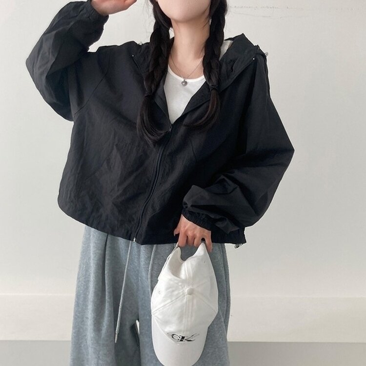 에어즈 윈드브레이커 바스락 스트링 후드 바람막이 자켓 블랙