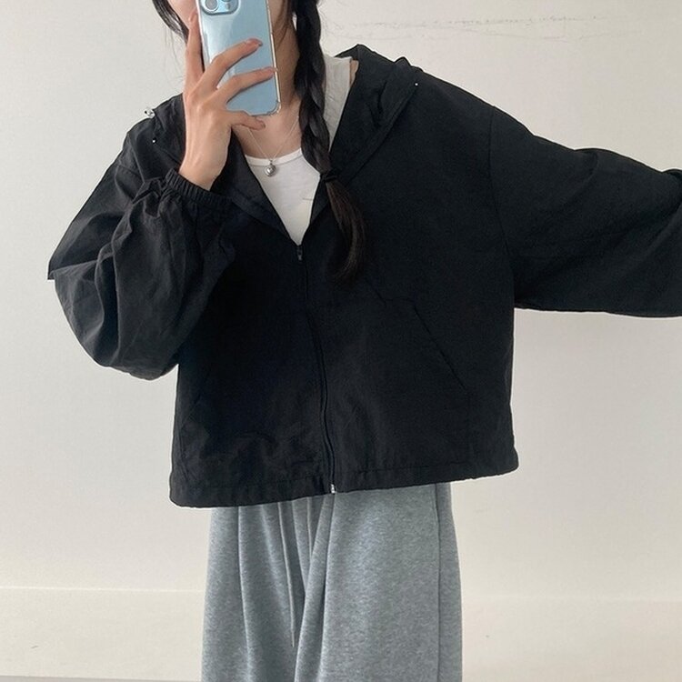 에어즈 윈드브레이커 바스락 스트링 후드 바람막이 자켓 블랙