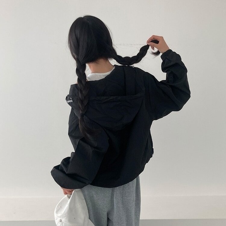 에어즈 윈드브레이커 바스락 스트링 후드 바람막이 자켓 블랙