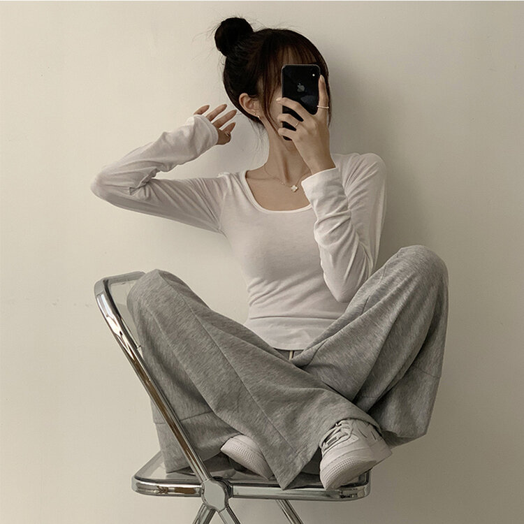 5kg 살빠진 핏 가을 스퀘어넥 라운드 크롭 긴팔 티셔츠 베이직 무지 밑단 굴림 롱슬리브 숏 긴팔티 5color 아이보리