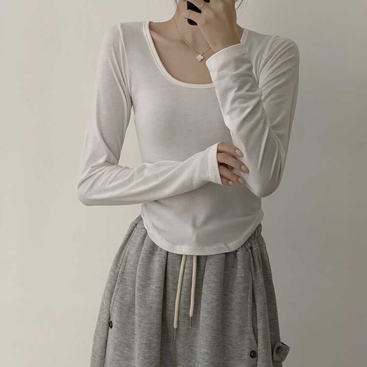 5kg 살빠진 핏 가을 스퀘어넥 라운드 크롭 긴팔 티셔츠 베이직 무지 밑단 굴림 롱슬리브 숏 긴팔티 5color 아이보리