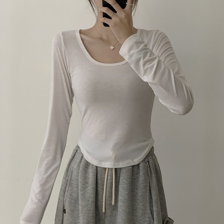 5kg 살빠진 핏 가을 스퀘어넥 라운드 크롭 긴팔 티셔츠 베이직 무지 밑단 굴림 롱슬리브 숏 긴팔티 5color 아이보리