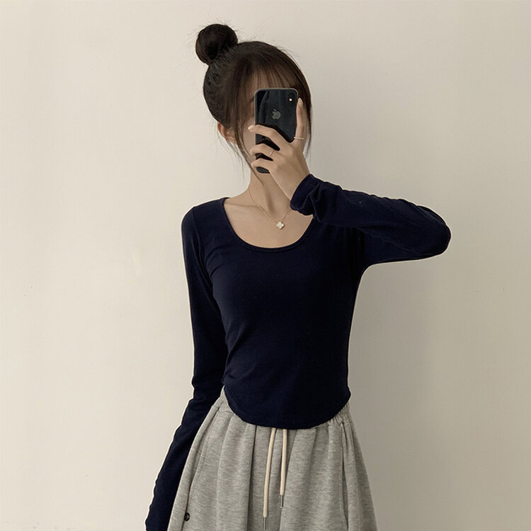 5kg 살빠진 핏 가을 스퀘어넥 라운드 크롭 긴팔 티셔츠 베이직 무지 밑단 굴림 롱슬리브 숏 긴팔티 5color 네이비