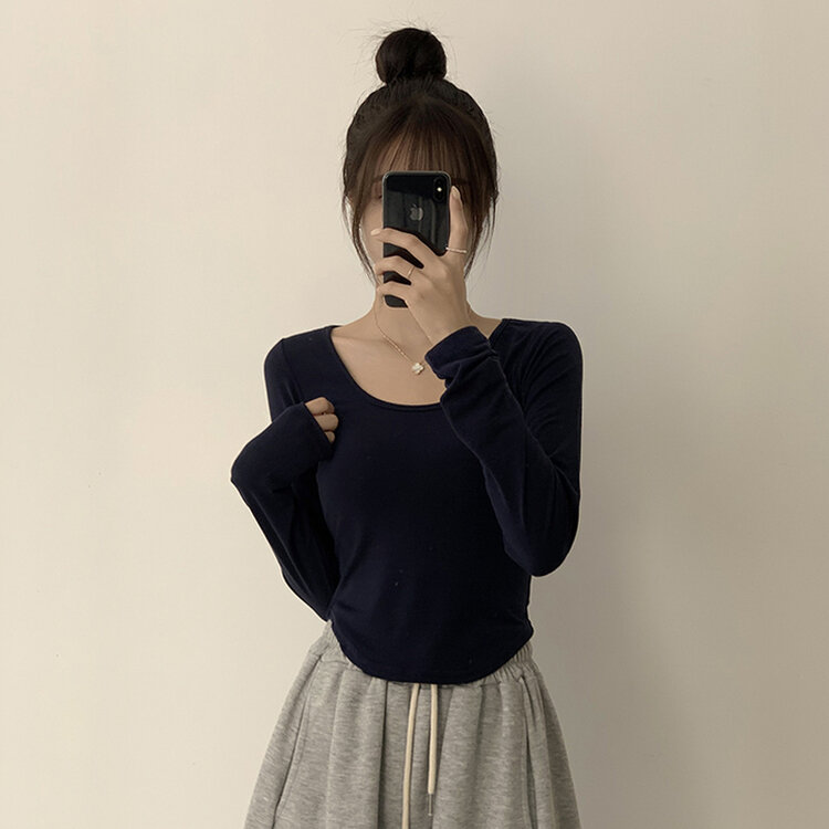 5kg 살빠진 핏 가을 스퀘어넥 라운드 크롭 긴팔 티셔츠 베이직 무지 밑단 굴림 롱슬리브 숏 긴팔티 5color 네이비