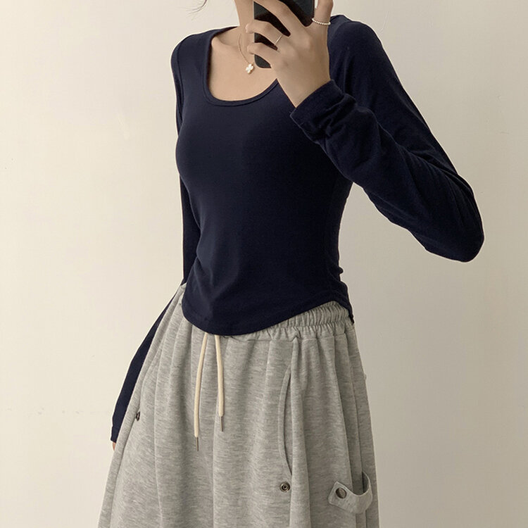 5kg 살빠진 핏 가을 스퀘어넥 라운드 크롭 긴팔 티셔츠 베이직 무지 밑단 굴림 롱슬리브 숏 긴팔티 5color 네이비