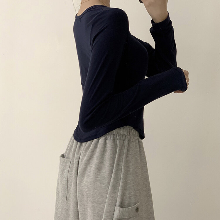 5kg 살빠진 핏 가을 스퀘어넥 라운드 크롭 긴팔 티셔츠 베이직 무지 밑단 굴림 롱슬리브 숏 긴팔티 5color 네이비