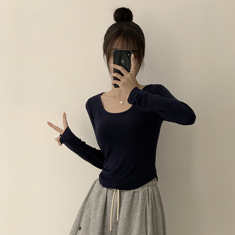 5kg 살빠진 핏 가을 스퀘어넥 라운드 크롭 긴팔 티셔츠 베이직 무지 밑단 굴림 롱슬리브 숏 긴팔티 5color 네이비