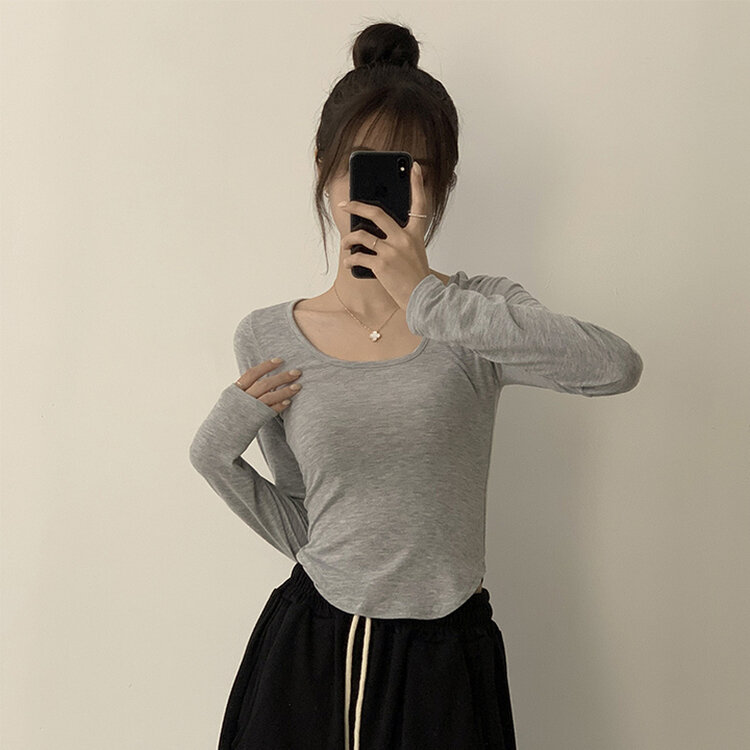 5kg 살빠진 핏 가을 스퀘어넥 라운드 크롭 긴팔 티셔츠 베이직 무지 밑단 굴림 롱슬리브 숏 긴팔티 5color 그레이