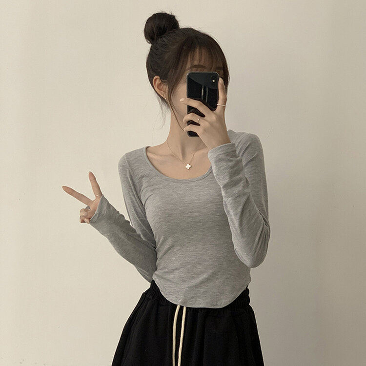 5kg 살빠진 핏 가을 스퀘어넥 라운드 크롭 긴팔 티셔츠 베이직 무지 밑단 굴림 롱슬리브 숏 긴팔티 5color 그레이