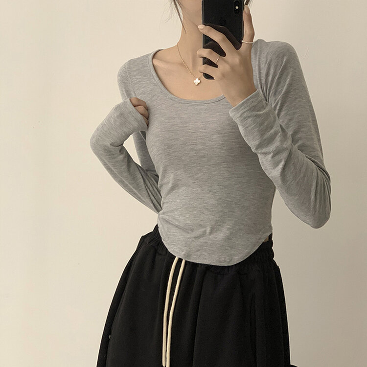 5kg 살빠진 핏 가을 스퀘어넥 라운드 크롭 긴팔 티셔츠 베이직 무지 밑단 굴림 롱슬리브 숏 긴팔티 5color 그레이