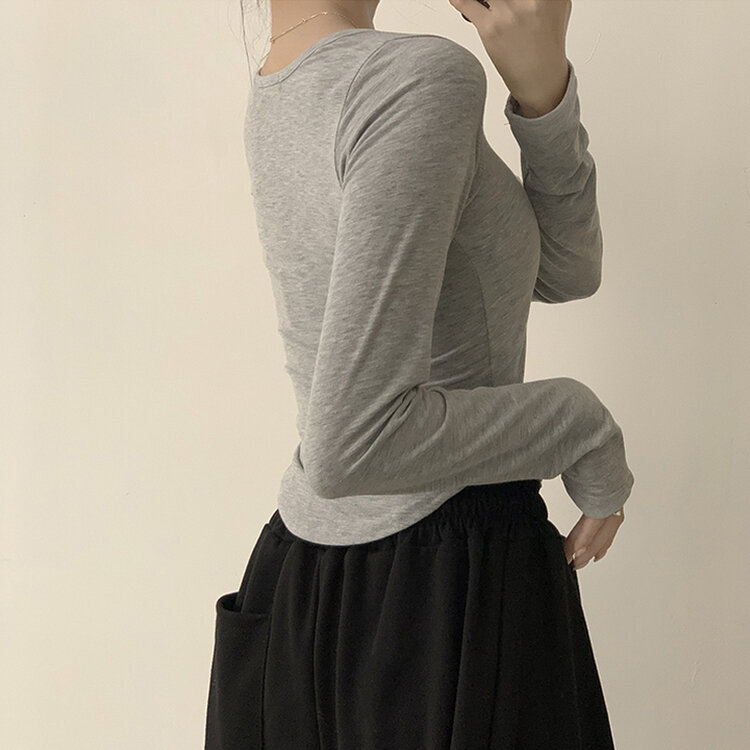 5kg 살빠진 핏 가을 스퀘어넥 라운드 크롭 긴팔 티셔츠 베이직 무지 밑단 굴림 롱슬리브 숏 긴팔티 5color 그레이
