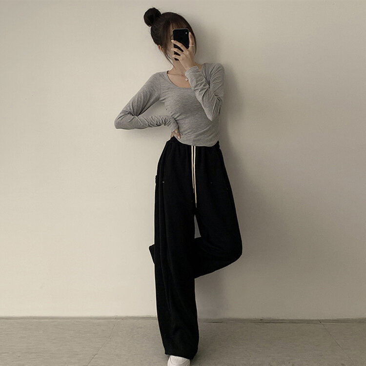 5kg 살빠진 핏 가을 스퀘어넥 라운드 크롭 긴팔 티셔츠 베이직 무지 밑단 굴림 롱슬리브 숏 긴팔티 5color 그레이