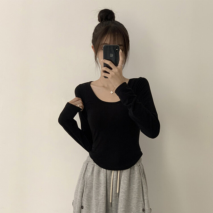 5kg 살빠진 핏 가을 스퀘어넥 라운드 크롭 긴팔 티셔츠 베이직 무지 밑단 굴림 롱슬리브 숏 긴팔티 5color 블랙