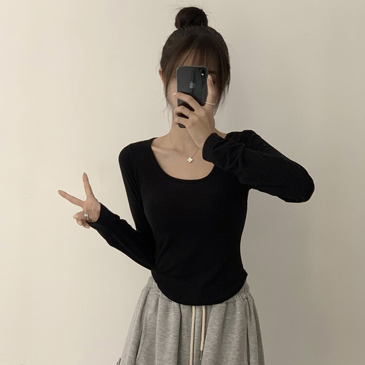 5kg 살빠진 핏 가을 스퀘어넥 라운드 크롭 긴팔 티셔츠 베이직 무지 밑단 굴림 롱슬리브 숏 긴팔티 5color 블랙