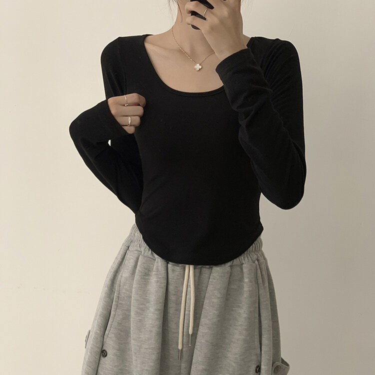 5kg 살빠진 핏 가을 스퀘어넥 라운드 크롭 긴팔 티셔츠 베이직 무지 밑단 굴림 롱슬리브 숏 긴팔티 5color 블랙