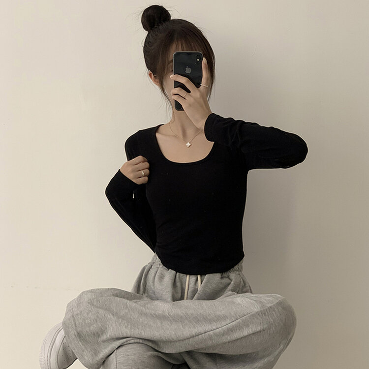 5kg 살빠진 핏 가을 스퀘어넥 라운드 크롭 긴팔 티셔츠 베이직 무지 밑단 굴림 롱슬리브 숏 긴팔티 5color 블랙
