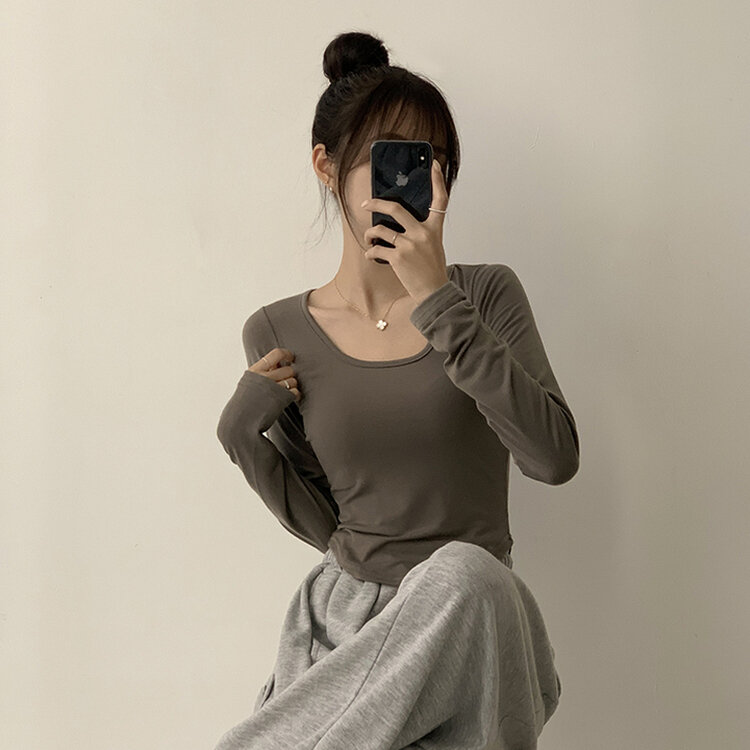 5kg 살빠진 핏 가을 스퀘어넥 라운드 크롭 긴팔 티셔츠 베이직 무지 밑단 굴림 롱슬리브 숏 긴팔티 5color 카키