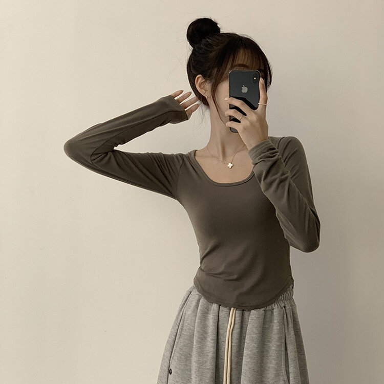 5kg 살빠진 핏 가을 스퀘어넥 라운드 크롭 긴팔 티셔츠 베이직 무지 밑단 굴림 롱슬리브 숏 긴팔티 5color 카키
