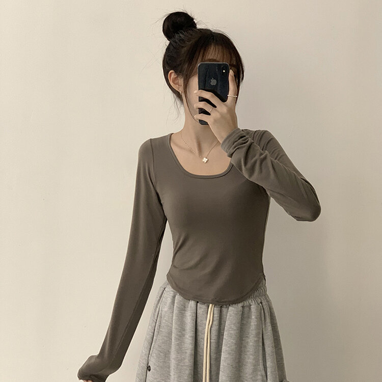 5kg 살빠진 핏 가을 스퀘어넥 라운드 크롭 긴팔 티셔츠 베이직 무지 밑단 굴림 롱슬리브 숏 긴팔티 5color 카키