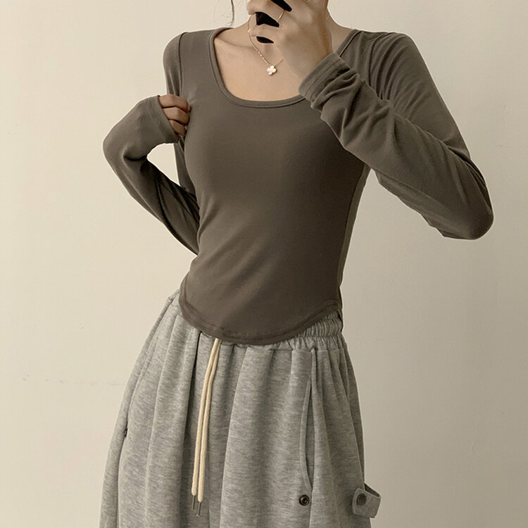 5kg 살빠진 핏 가을 스퀘어넥 라운드 크롭 긴팔 티셔츠 베이직 무지 밑단 굴림 롱슬리브 숏 긴팔티 5color 카키