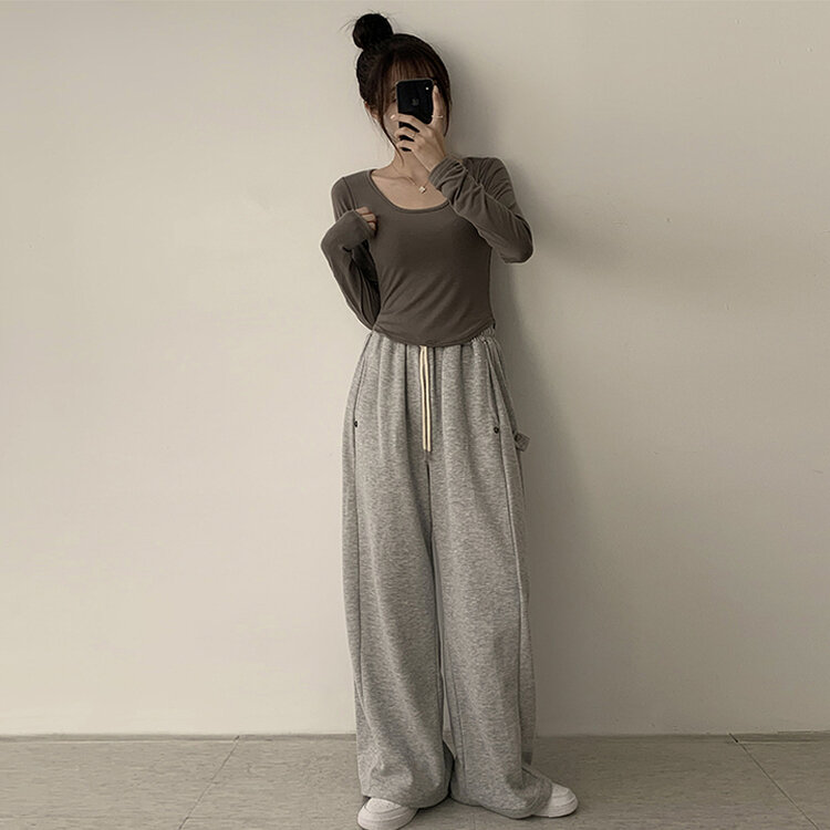 5kg 살빠진 핏 가을 스퀘어넥 라운드 크롭 긴팔 티셔츠 베이직 무지 밑단 굴림 롱슬리브 숏 긴팔티 5color 카키