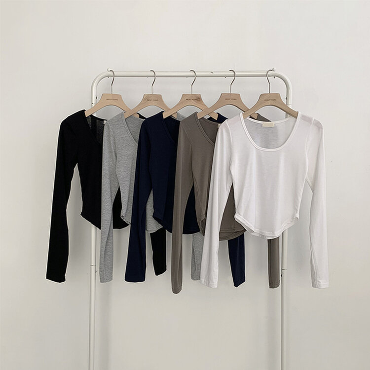 5kg 살빠진 핏 가을 스퀘어넥 라운드 크롭 긴팔 티셔츠 베이직 무지 밑단 굴림 롱슬리브 숏 긴팔티 5color