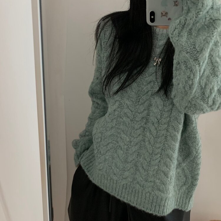 ニット ケーブルルーズフィットウールニット GREEN